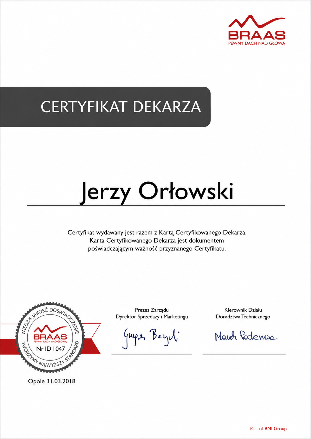 Certyfikat i dyplom Jerzego Orłowskiego - dokument 02