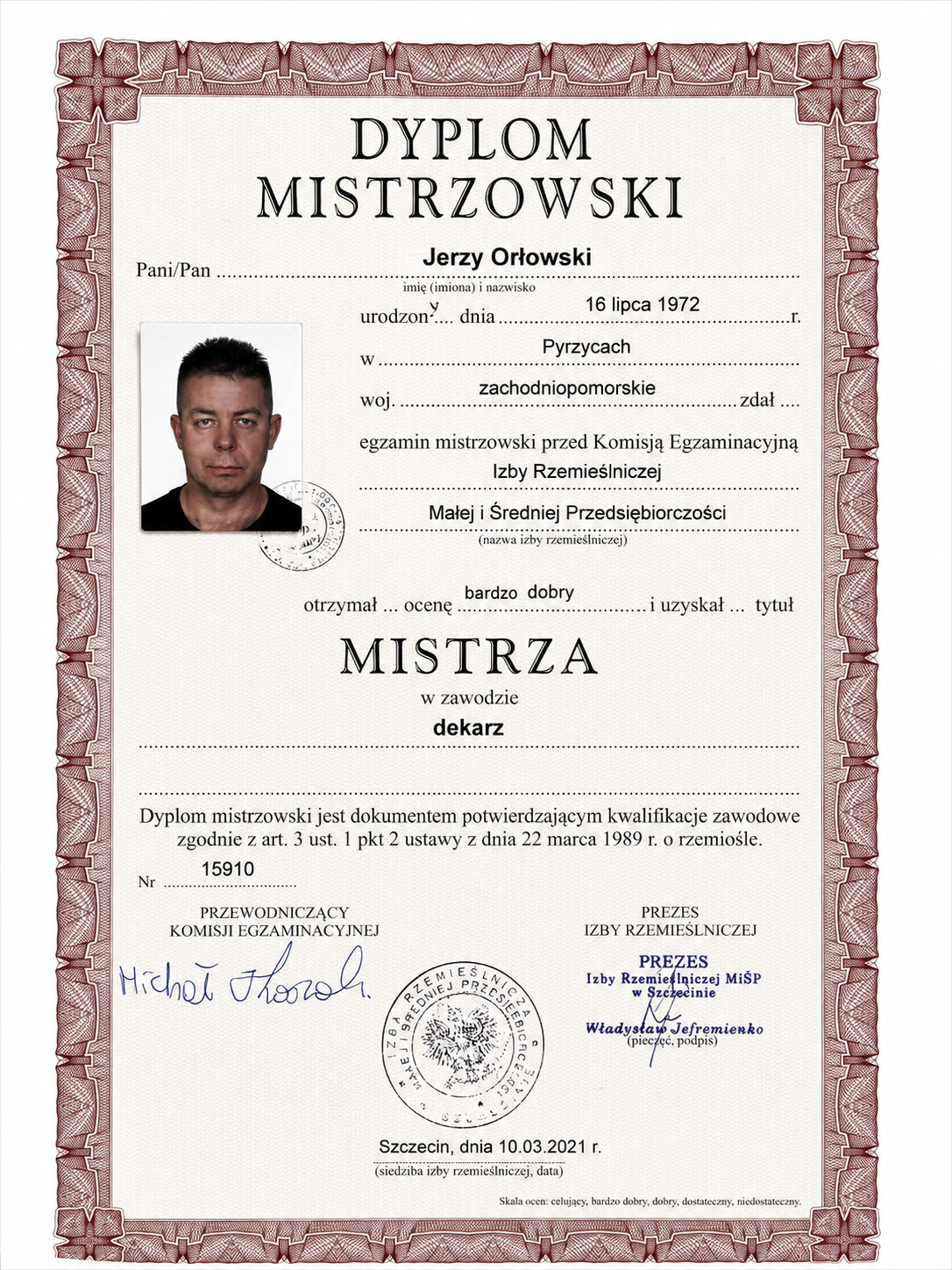Certyfikat i dyplom Jerzego Orłowskiego - dokument 06